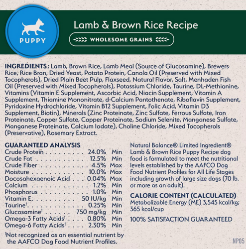 Natural Balance Limited Ingredient Lamb & Brown Rice Puppy Recipe Dry Dog Food